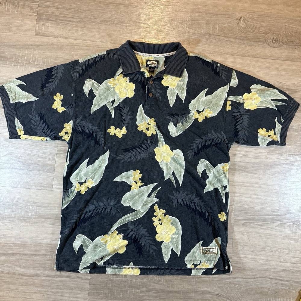Vintage Tommy Bahama Button Shirt Mens L Gray Floral Palm Tree Short Sleeve